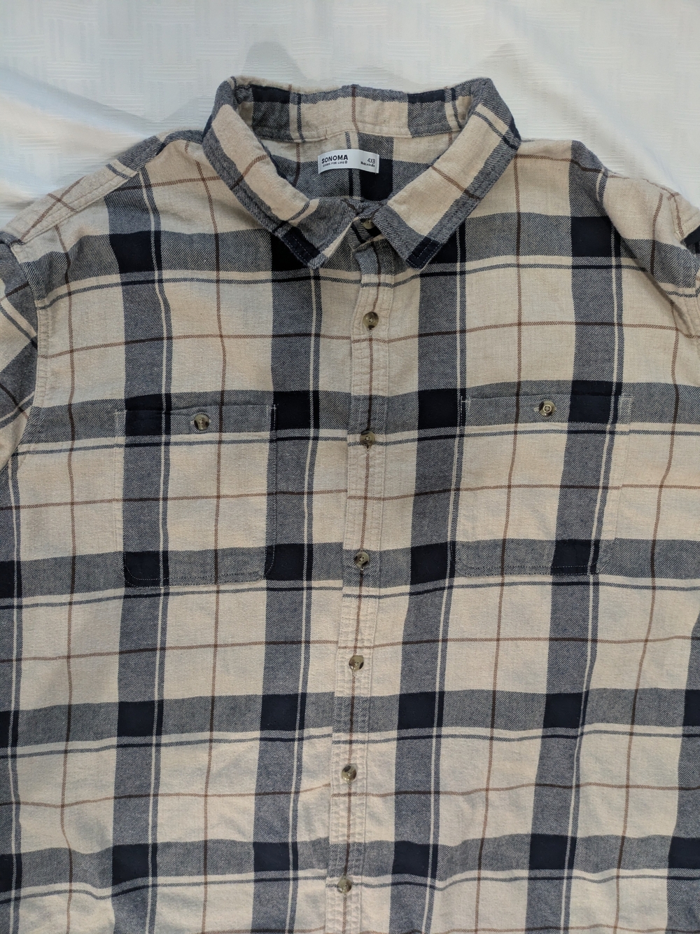 Sonoma Beige and Navy Plaid Button-Down Shirt